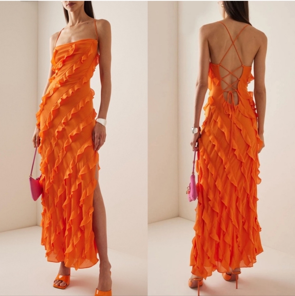 STAUD Elvrie Lace Up Ruffled Crepe Thigh High Slit Maxi Dress In Nectarine L